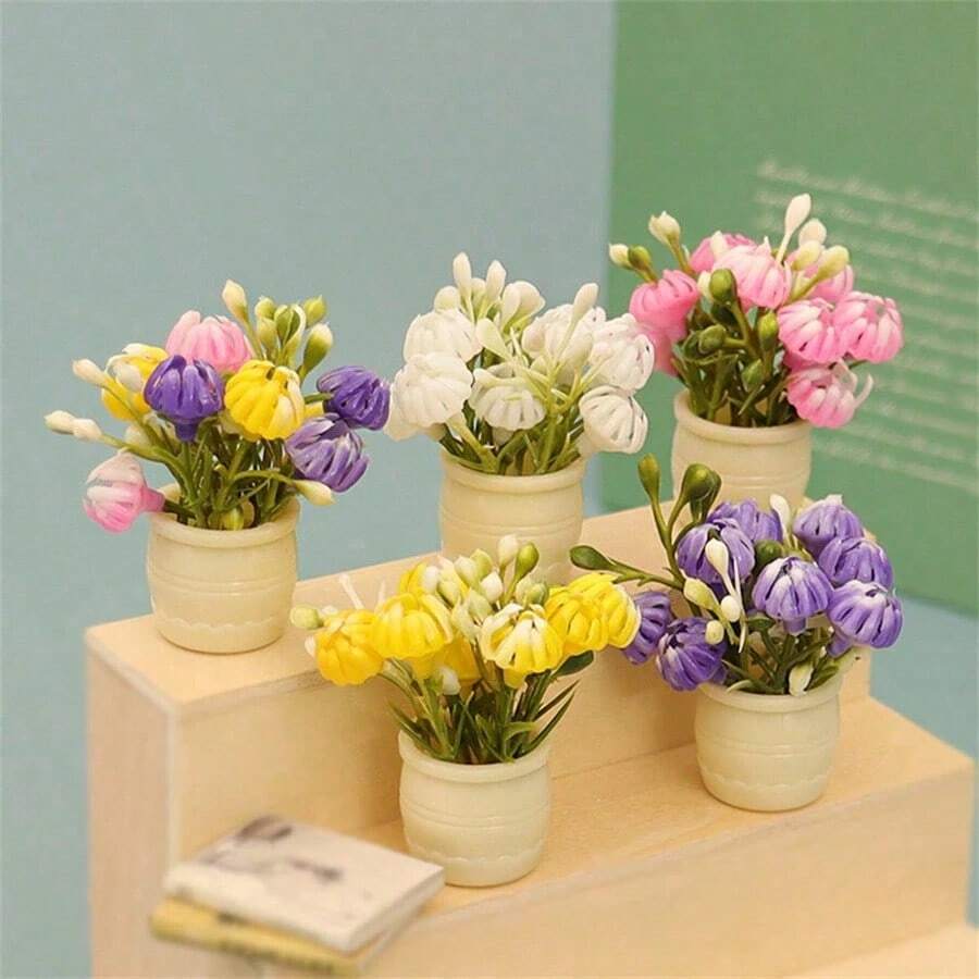 5株/3株/2株/1株迷你娃娃屋人造菊花植物，手工DIY配件，娃娃屋客厅卧室花卉装饰，微景观摄影道具 - 彩色 - 查看 1