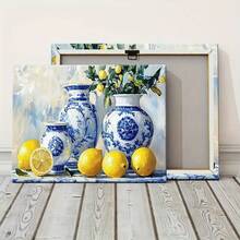 Marco elegante con marco de Arte de pared-florero de porcelana azul y blanco con limón y plantas verdes, Impresión de lienzo de borde de madera clásico, decoración del hogar de estilo decorativo adecuado para sala de estar, oficina, vestíbulo, jarrón de decoración del hogar - Multicolor - Ver 4