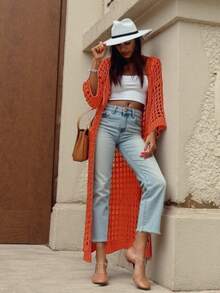 Áo khoác cardigan dài nữ màu trơn, kiểu dáng khoét lỗ, thích hợp cho kỳ nghỉ xuân. - trái cam - Xem 2