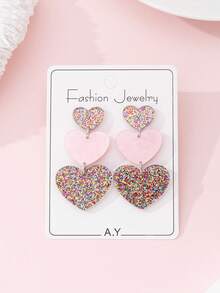 1 Pair Sparkling Heart Sequin Multi-Layer Heart Design Fashion Jewelry Earrings For Women, Suitable As Valentine's Day Gift - Baby Pink - View 1