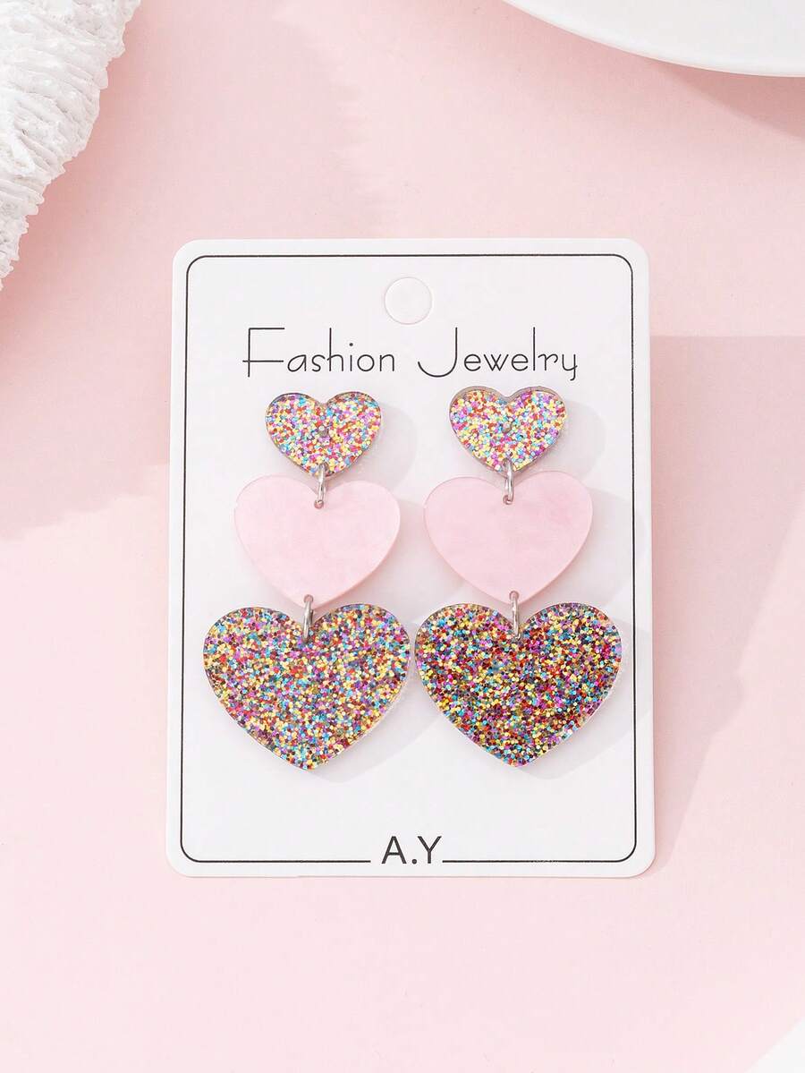 1 Pair Sparkling Heart Sequin Multi-Layer Heart Design Fashion Jewelry Earrings For Women, Suitable As Valentine's Day Gift - Baby Pink - View 1