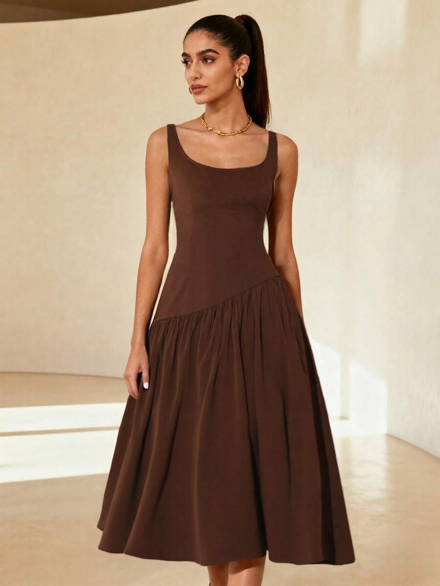 优雅复古不对称吊带连衣裙，适合节日、生日派对、日常穿着和春季穿着，棕色连衣裙，开斋节连衣裙 - 咖啡 - 查看 1
