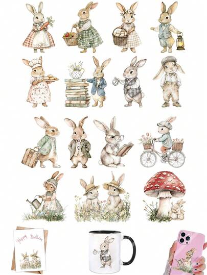 2 Sheets Retro Fairy Tale Bunnies Easter Rabbit DIY UV DTF Rub On Transfer Stickers Crafts, Junk Journal, Tumbler Glass Jars, Coffee Mugs Cup Wraps, Bottles Vase, Laptops Phone Cases, Greeting Cards Decal Stickers, Illustration, Scrapbooking, Ornament Transfer Stickers, Home Decor, 6.8cm