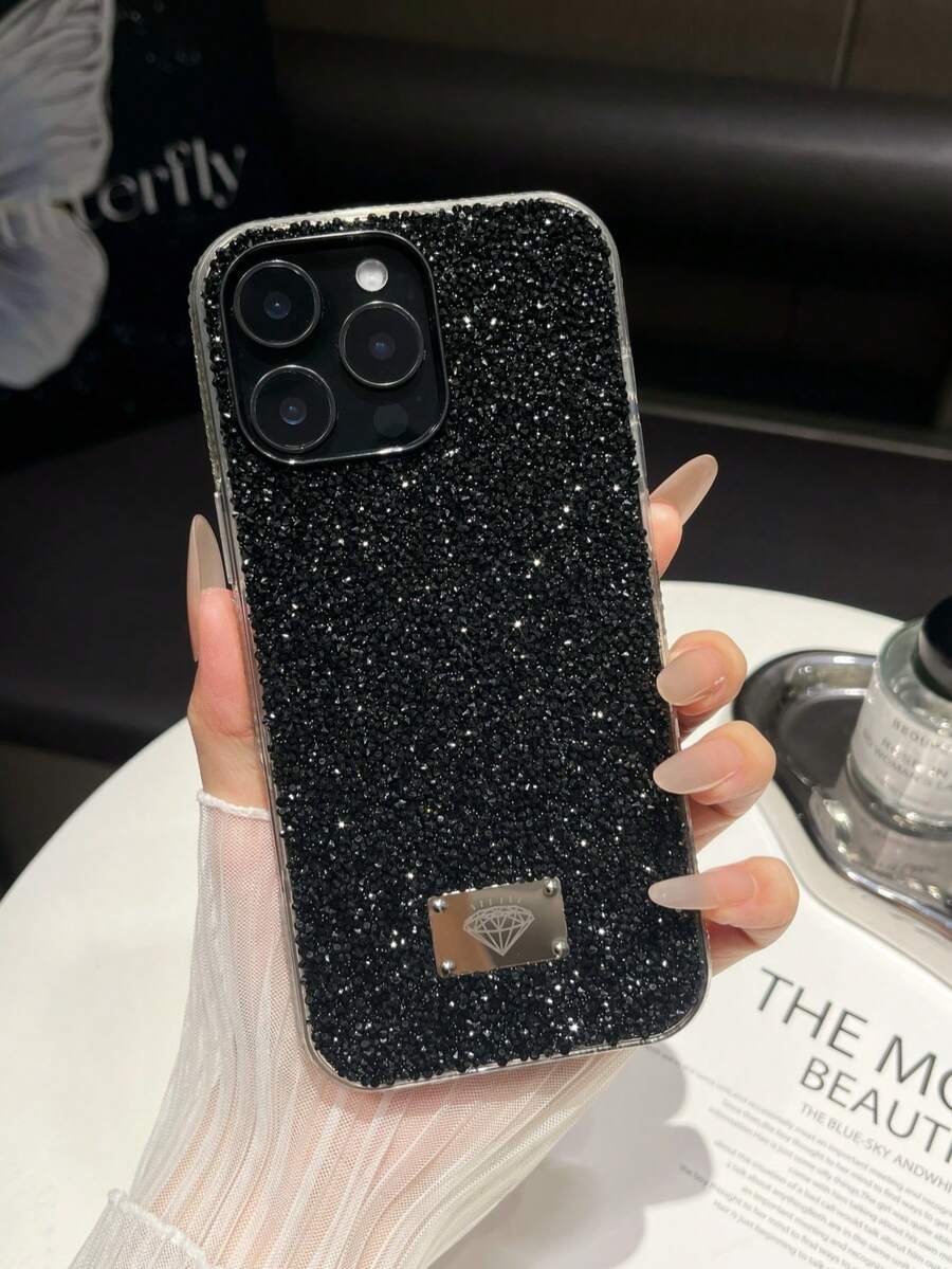 1pc Black Rhinestone Edged Shockproof Bling Phone Case Suitable For IPhone 17/16 Pro Max/13/14