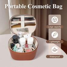 Makeup Bag, Leather Travel Toiletry Bag, Fashionable Cosmetic Bag, Waterproof Travel Cosmetic Bag With Zipper, Waterproof Cosmetic Bag For Women, Travel Makeup Bag With Compartments And Handle, Portable Cosmetic Organizer Bag, Toiletry Bag For Women - 棕色 - 查看 3