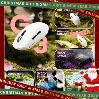 ATTACK SHARK G3 Wireless Gaming Mouse, Tri-Mode 2.4G/BT5.2/USB-C, PAW3311 25,000 DPI Sensor, 59g Ultra-Lightweight Mouse With 5 Programmable Buttons & 500mAh Battery, Perfect Christmas & New Year Holiday Gift For Gamers