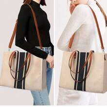 Women's Striped Canvas Tote Bag - Large Capacity Work Shoulder Bag With PU Leather Handle, Professional Commuter Shoulder Handbag - Multicolor - View 1