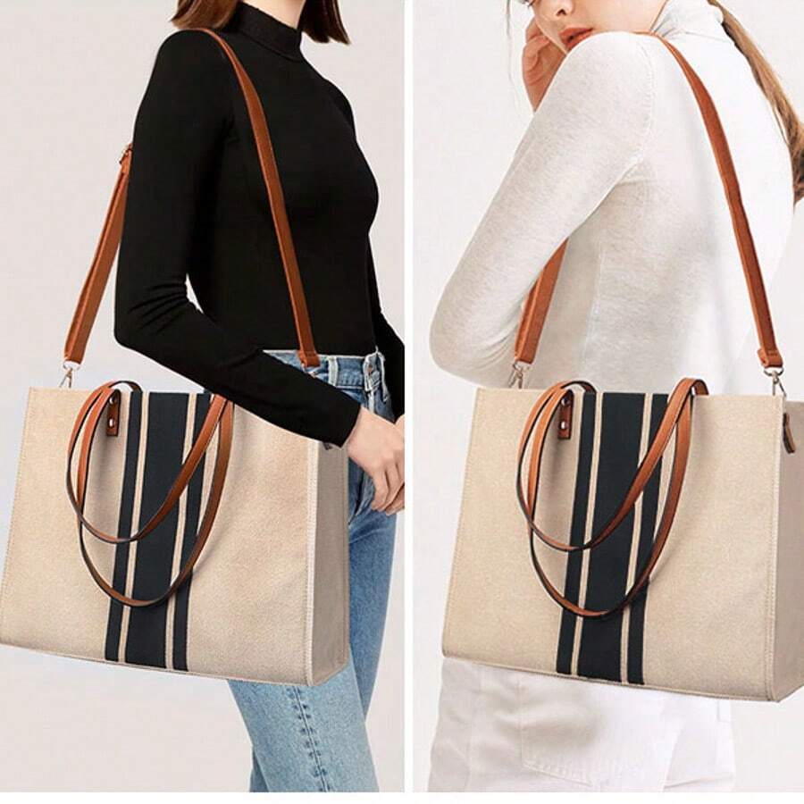 Women's Striped Canvas Tote Bag - Large Capacity Work Shoulder Bag With PU Leather Handle, Professional Commuter Shoulder Handbag - Multicolor - View 1