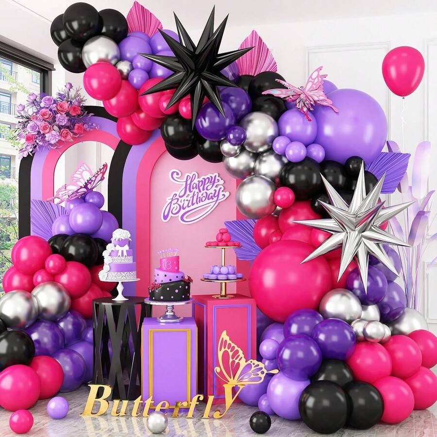 111pcs Pink & Purple Balloon Arch Kit, Purple & Black Balloon Garland With Star Foil Balloons, Suitable For Wedding, Birthday, Graduation, Engagement Party Decoration - Multicolor - View 1