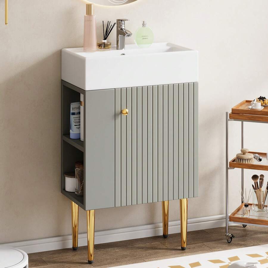 Mobile lavabo 55 cm, mobile da bagno con lavabo in ceramica, mobiletto per WC ospiti per bagno, adatto per bagni, bianco/grigio - Grigio - Visualizzare 1