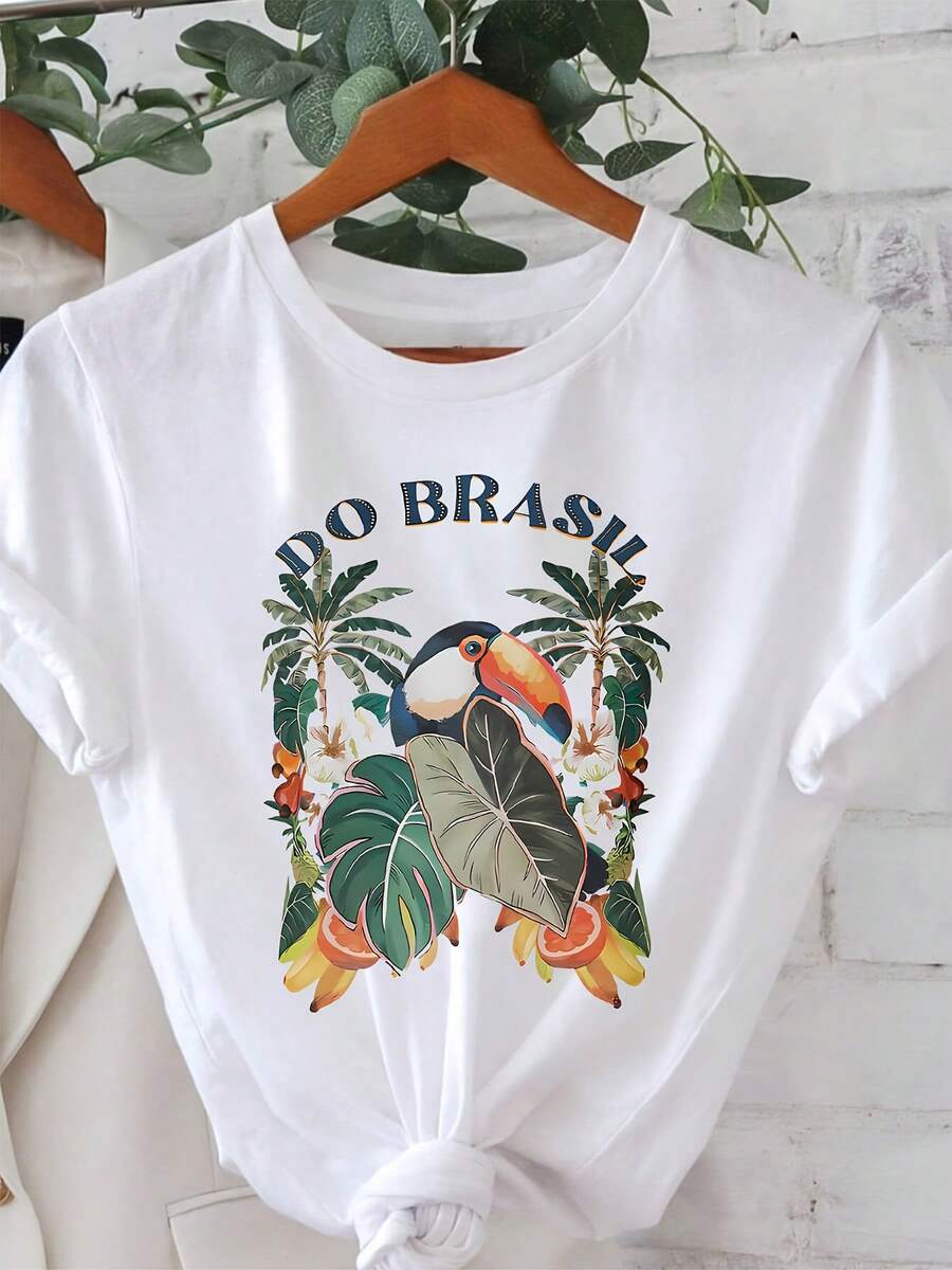 Women's Brazil-Themed Tropical Toucan & Palm Tree Print T-Shirt - Vibrant "DO BRASIL" Lettering, Lightweight Short Sleeve Crew Neck Summer Top For Carnival, Beach Parties & Brazilian Heritage Events - Machine Washable Casual Tee - 白色 - 查看 1