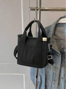 时尚休闲帆布宽肩带斜挎包 - 黑色 - 查看 1