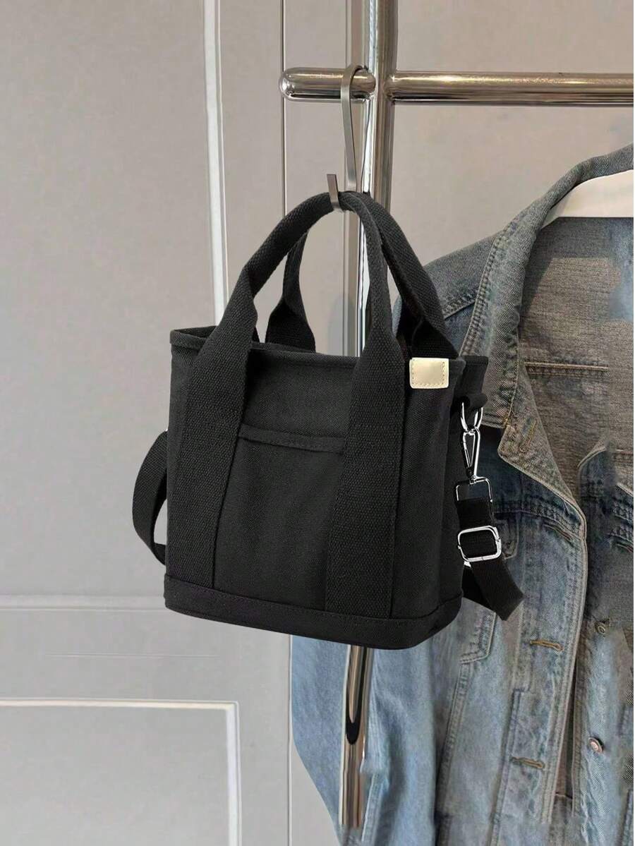 时尚休闲帆布宽肩带斜挎包 - 黑色 - 查看 1
