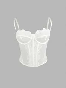 Y2K Lace Underwire Corset Top - Boned Bustier With Rear Hook & Eye Closure, Sheer Mesh Spaghetti Strap Crop Top(Semi-Sheer) - trắng - Xem 1