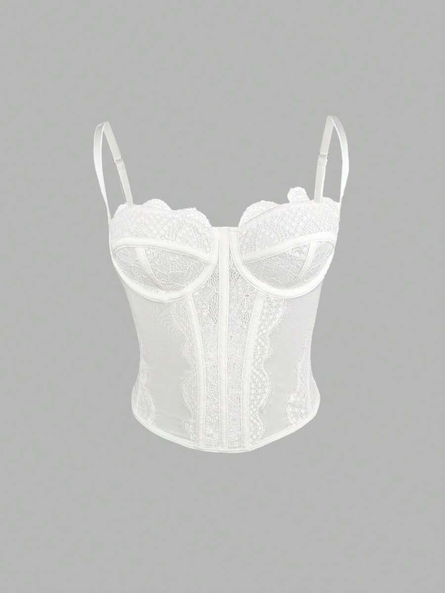 Y2K Lace Underwire Corset Top - Boned Bustier With Rear Hook & Eye Closure, Sheer Mesh Spaghetti Strap Crop Top(Semi-Sheer) - trắng - Xem 1