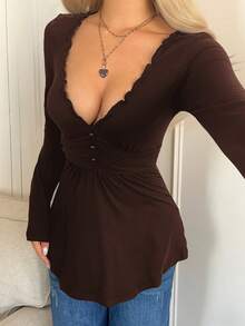 女士性感棕色V领长袖针织上衣，荷叶边下摆设计，修身腰身，休闲街头居家T恤，春季款 - 棕色 - 查看 8