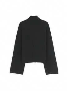 女士针织高领开衫，长袖罗纹双弹力仿纽扣设计，优雅时尚，适合工作和休闲场合，春/秋/冬黑色 - 黑色 - 查看 2