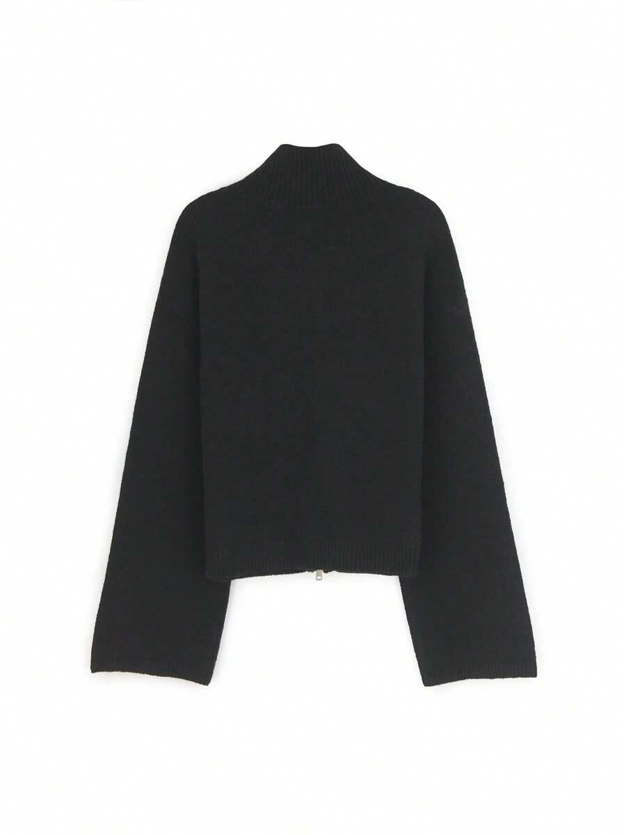 Áo cardigan nữ dệt kim cổ cao tay dài gân sọc khóa kéo hai chiều nút giả thanh lịch thời trang thường ngày xuân thu đông màu đen - màu đen - Xem 1