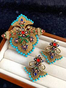 Bộ trâm cài và bông tai kiểu dáng cổ điển, làm thủ công, đính đá men dập nổi hình totem và giả ngọc lam, phù hợp cho phụ nữ mặc hàng ngày và dự tiệc. - Đầy màu sắc - Xem 1