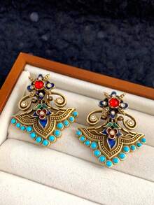 Bộ trâm cài và bông tai kiểu dáng cổ điển, làm thủ công, đính đá men dập nổi hình totem và giả ngọc lam, phù hợp cho phụ nữ mặc hàng ngày và dự tiệc. - Đầy màu sắc - Xem 7
