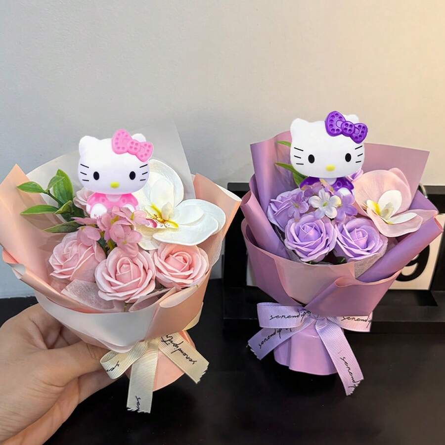 Sanrio Artificial Flowers Hello Kitty Cartoon Cute Plush Flower Bouquet, Hello Kitty Artificial Rose Eternal Flower Bouquet, Hello Kitty Kawaii Desktop Decor, Surprise Gift For Valentine's Day, Christmas, Mother's Day, Daily Life, Hello Kitty Party Souvenir - Multicolor - View 1