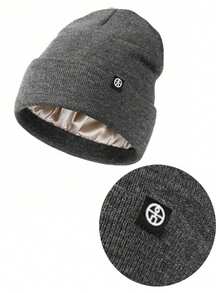 1顶男女通用纯色真丝内衬折叠针织帽，保暖冬季情侣帽，带logo标签，时尚护耳保暖帽 - 彩色 - 查看 15