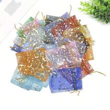 100 Mixed Color Moon And Star Gauze Drawstring Bags - Transparent Jewelry Gift Bags, Suitable For Weddings, Parties, Valentine's Day, And Ramadan - Multicolor - View 3