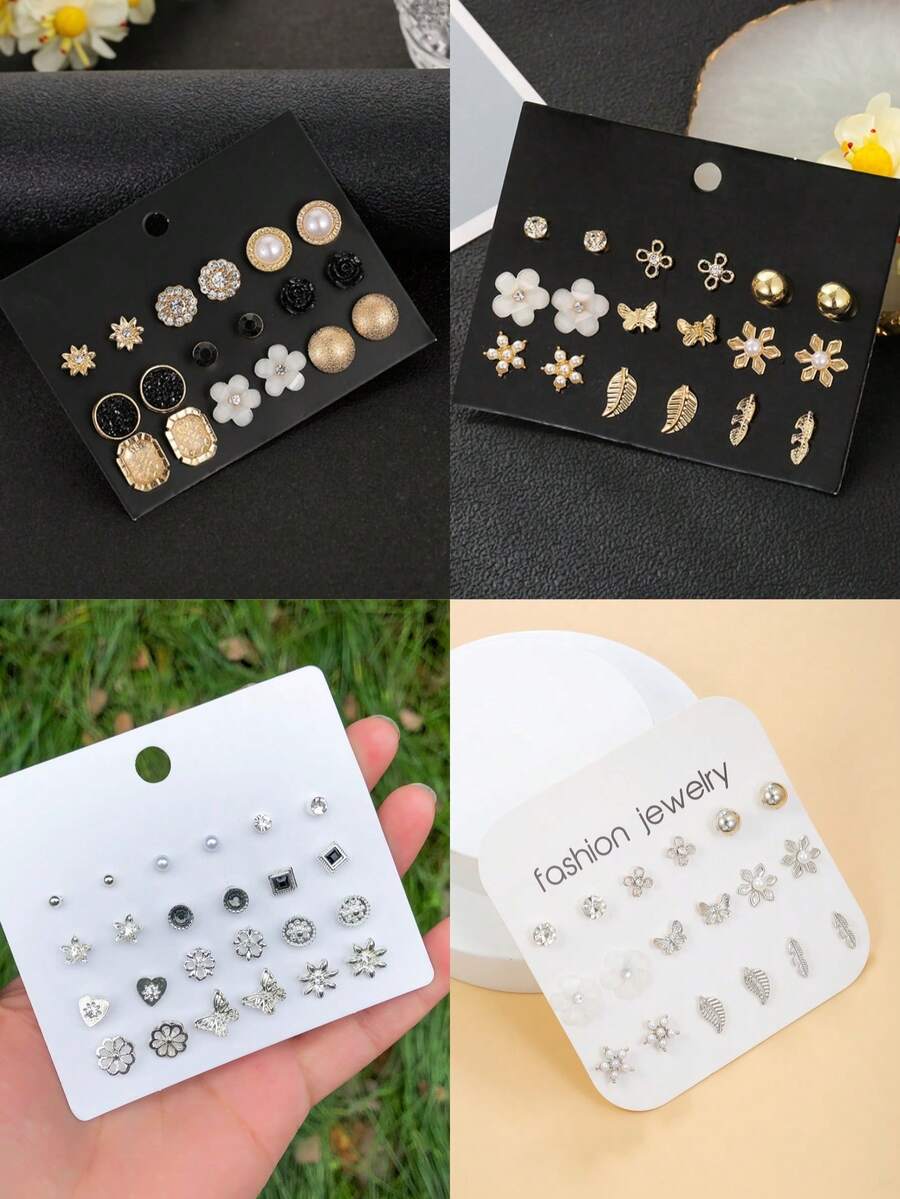 9pcs/Set Fashion Flower Leaf Butterfly Stud Earring Set For Girls Classical Heart Earrings Friendship Jewelry Gifts Party Graduation Gift - Multicolor - View 1