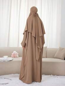 1 Bộ (Khimar và Abaya) - 1 chiếc váy Hồi giáo màu trơn mềm mại, thoáng khí + 1 chiếc khăn trùm đầu đơn giản đa năng, phù hợp để phụ nữ mặc hàng ngày vào mùa xuân, hè và thu - Nhiều màu - Xem 6