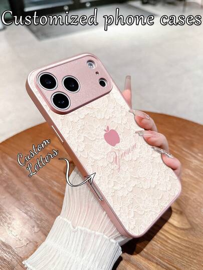 1pc Customized Name, Pink Lace Minimalist Apple Design Creative Phone Case Compatible With Samsung S24 Ultra/S25 Ultra And Apple 17 Pro Max/16 Pro Max/15 Pro/14 Plus/13 Pro/12 Pro Max/11/Xs Max/8/7/6 Plus, Suitable As Birthday Gift, For Girlfriend/Boyfriend Or Personal Use