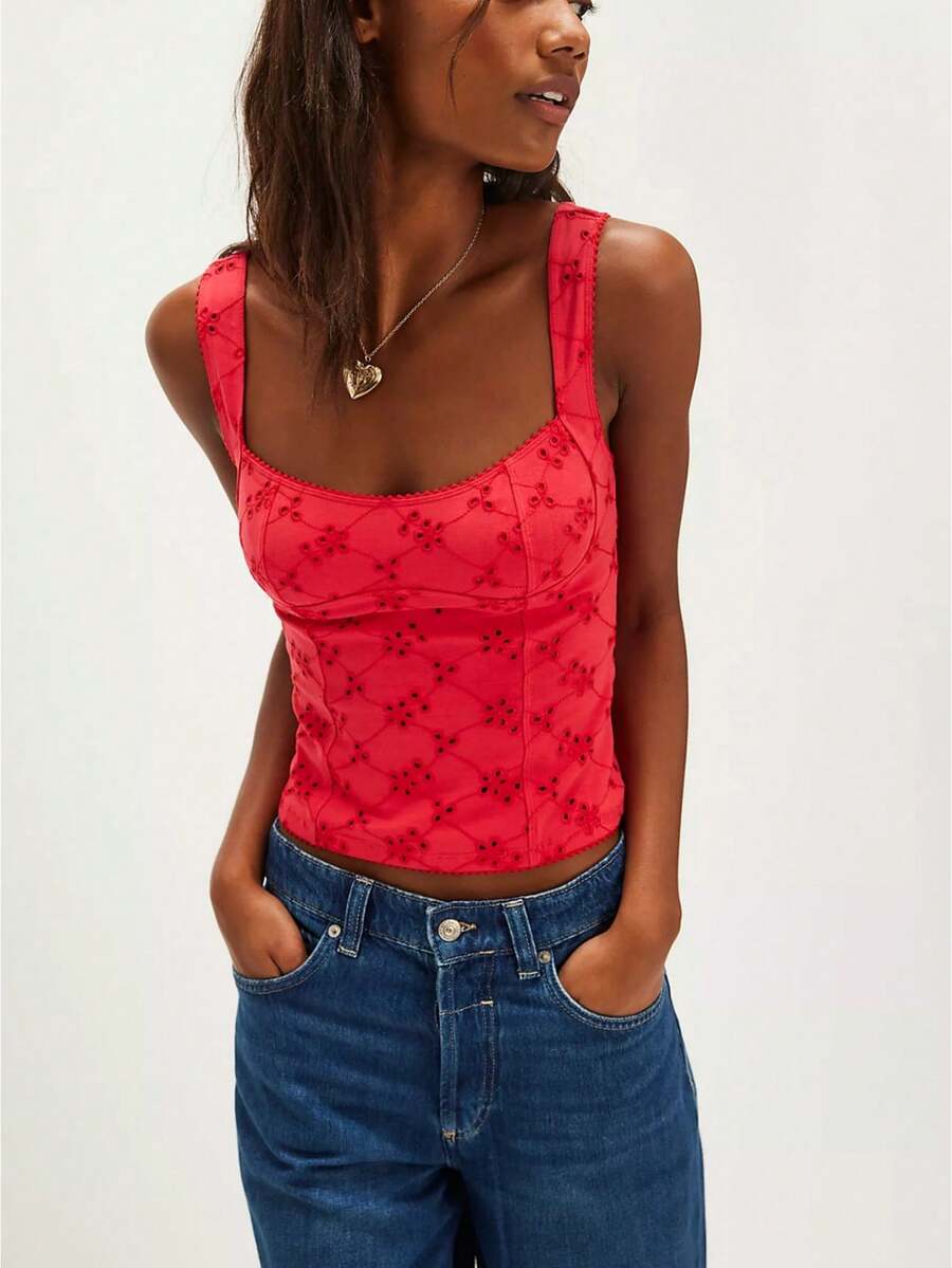 Top Mujer Tank Top Sleeveless Scoop Neck Hollow Out Fitting Vest Goung Out Tee Tops Y2K Conquette Clothes - Đỏ - Xem 1