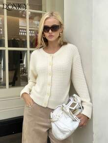 DONICY Women's Solid Color Round Neck Long Sleeve Knitted Cardigan, Single-Breasted, High-End Design, Waffle Texture Knit Fabric, Loose And Slimming, Minimalist Commuter Style Outerwear, Suitable For Spring, Autumn And Winter, Daily Wear, Dates, Gatherings, Commuting - Beige - View 7