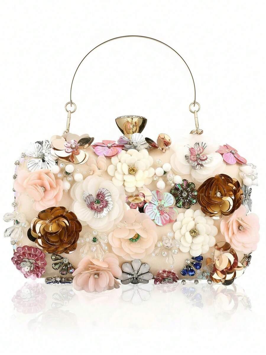 Women's Floral Evening Clutch Bag - Colorful Floral Clutch Bag With Metallic Rhinestones, Use Dinner Party Party Wedding Season Halloween Gift Etc. - Apricot - View 1