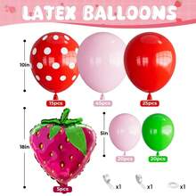 Kit de arco de balões com 133 peças, incluindo balões rosa e vermelhos com balão metalizado de morango, balão vermelho com bolinhas e balão verde para decoração de festa de aniversário de menina com tema de morango (primeiro aniversário/primeiro aniversário). - Multicolorido - Ver 2