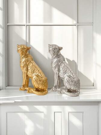 Escultura de leopardo de lujo en oro/plata, estatua de leopardo de decoración moderna para el hogar, figura estilizada de guepardo, adecuada para sala de estar, oficina, estanterías y escritorios como decoración artística de animales, perfecta para decoración de boda o regalo del Día de la Madre