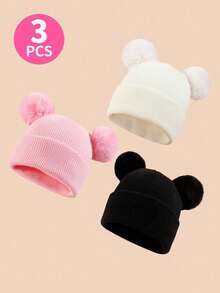 1/2/3pcs Kids Winter Hat Toddler Knitted Beanie With Faux Fur Pom Poms For Baby Girls Boys - Double Wool Ball Hat - View 1