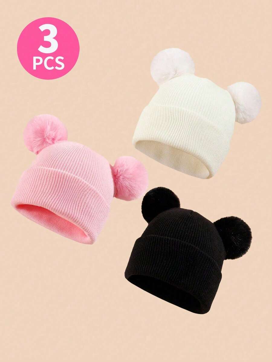 1/2/3pcs Kids Winter Hat Toddler Knitted Beanie With Faux Fur Pom Poms For Baby Girls Boys - Double Wool Ball Hat - View 1