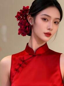 1pc Retro Handmade Wine Red Faux Flower Chinese Style Bridal Hair Accessory, Robe Hairpin, Cheongsam Atmosphere Red Flower Hair Clip, Hanfu Hair Decoration, Engagement Bridal Headpiece, Bun Extension, Hair Styling Pins For Valentine's Day Valentine's Day Accessories Gift, Hair Accessories For Women,Summer,Holiday,Travel - Redwood - View 3