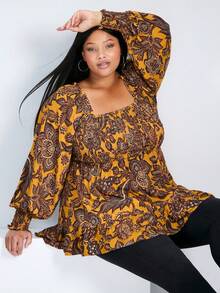 Women's Floral Print Ruffle Hem Vacation Blouse Spring - Orange - View 3
