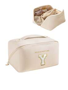 High Quality PU Travel Makeup Bag, Letter Printed Makeup Bag, Multi-Functional Travel Organizer Bag, Large Capacity Layered Cosmetic Bag, Cosmetics Organization And Storage, Toiletry Bag, Travel Essentials, Cruise Makeup Bag, Makeup Case, Unisex Travel Necessity Make Up Bag