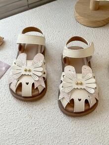 2026 New Girls Pink Rabbit Ear + 3D Flower (Metal Rivet) + Heart Hollow Decor Sandals, Soft Material, Non-Slip & Wear-Resistant, Open Toe Flat Sandals, Sweet & Cute Style, Suitable For Summer Street, Daily Wear And School Activities - Beige - View 2
