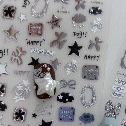 1 miếng dán móng tay kim loại, decal móng tay tự làm thủ công với hình ngôi sao, mặt trăng, quả táo, ngôi sao năm cánh, hình vẽ nguệch ngoạc, mèo dễ thương, phong cách Y2K ngọt ngào và cá tính.