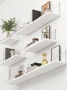 1pc,Wall Mounted Floating Shelves (30/40/50cm, White) - No Drill Installation, With Hooks Included, Space-Saving Storage For Living Room, Bedroom, Kitchen, Bathroom - White - View 2