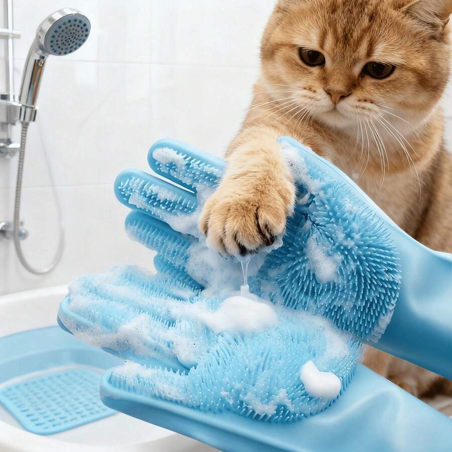Silicone Puppy & Kitten Bath Gloves, Gentle Detangling Mitts For Small Pets, Thickened Non-Slip Large Dog Cleaning Gloves With Long Hair Brushing & Shedding - 藍色 - 查看 1