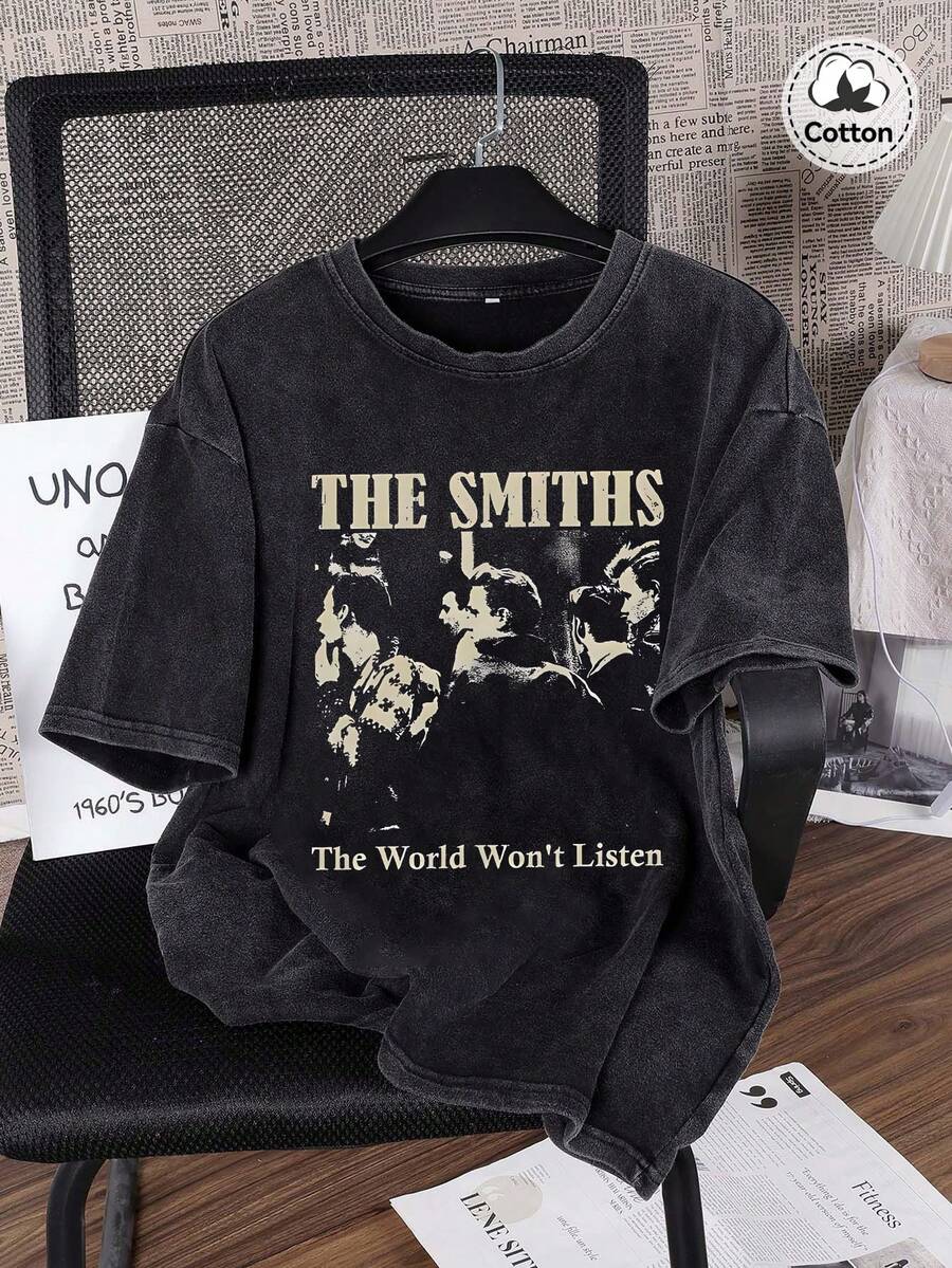 Hemo 男士街头风图案T恤，略带弹力做旧效果棉混纺黑色圆领短袖T恤，休闲日常返校季T恤 - 黑色 - 查看 1