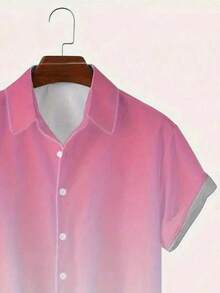 Ombre Short Sleeve Button-Up Collared Shirt For Men, Suitable For Summer Vacation, Hawaiian Inspired - Pink - View 3