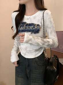 Áo thun dài tay xếp ly phong cách retro Mỹ dành cho nữ, thích hợp mặc thường ngày, có họa tiết thêu. - trắng - Xem 2