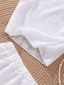 两件套女童针织提花无袖上衣和松紧腰短裤套装，休闲夏季装扮 - 白色 - 查看 8