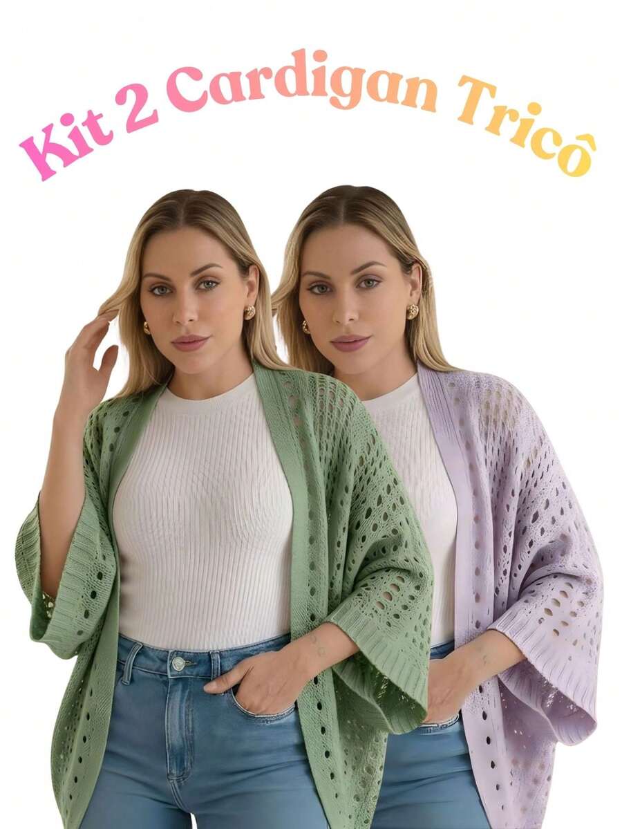 Set Of 2 Women's Cardigan Blouses, Knitted Cape, Openwork Knit, Autumn - 綠色/淡紫色 - 查看 1