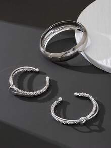 1pc Women Silver Metal Glossy Plain Bangle, 2pcs Women Criss-Cross Rope Wavy Bangle Set - Silver - View 2